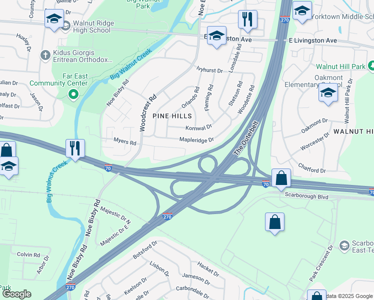 map of restaurants, bars, coffee shops, grocery stores, and more near 5233 Mapleridge Drive in Columbus
