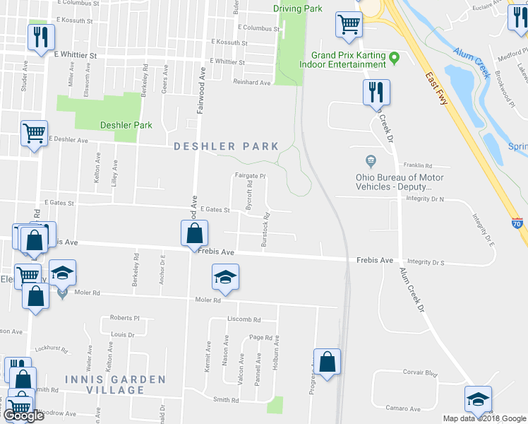 map of restaurants, bars, coffee shops, grocery stores, and more near 1690 Burstock Court in Columbus