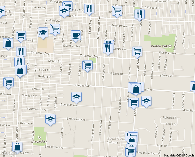 map of restaurants, bars, coffee shops, grocery stores, and more near 1410 South Champion Avenue in Columbus