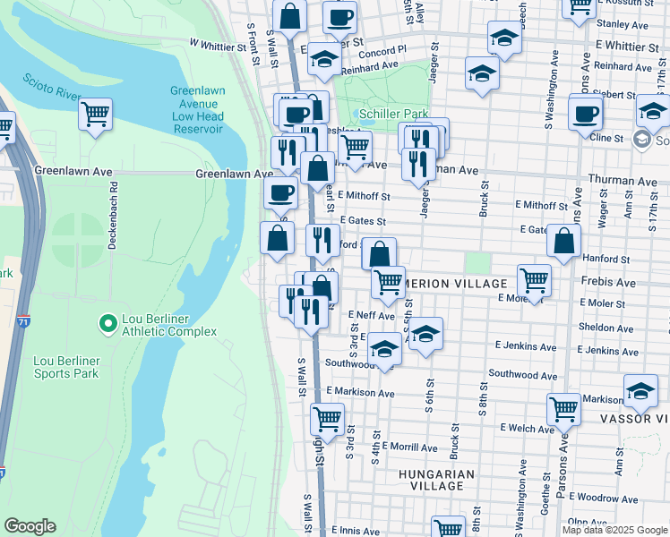 map of restaurants, bars, coffee shops, grocery stores, and more near 1287 City Park Avenue in Columbus