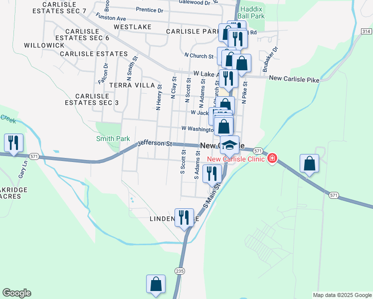 map of restaurants, bars, coffee shops, grocery stores, and more near 312 Jefferson Street in New Carlisle