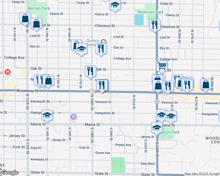 map of restaurants, bars, coffee shops, grocery stores, and more near 423 North 20th Street in Quincy