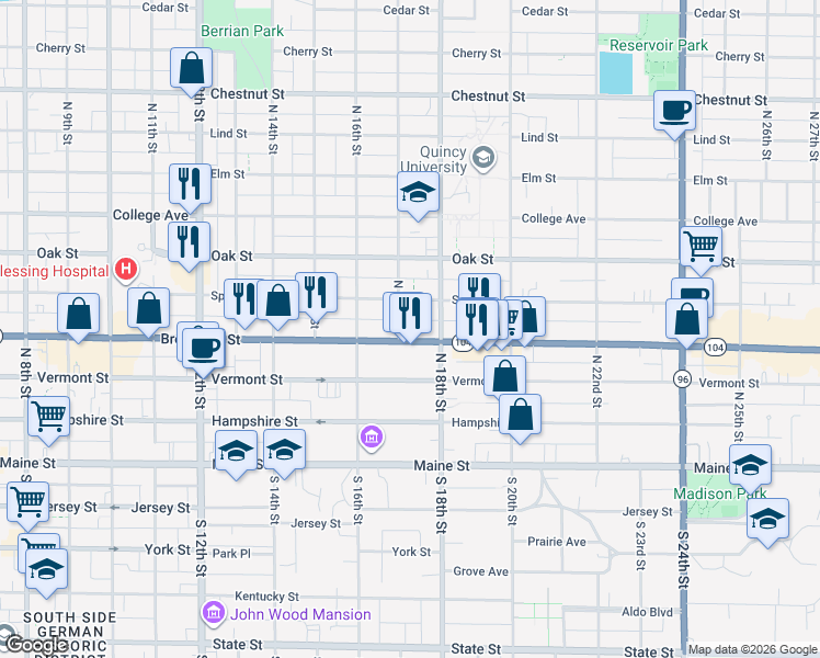 map of restaurants, bars, coffee shops, grocery stores, and more near 1723 Broadway Street in Quincy