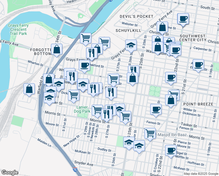 map of restaurants, bars, coffee shops, grocery stores, and more near 2723 Reed Street in Philadelphia