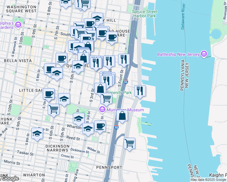 map of restaurants, bars, coffee shops, grocery stores, and more near 838 South Howard Street in Philadelphia