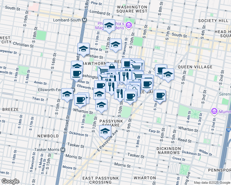 map of restaurants, bars, coffee shops, grocery stores, and more near 1027 Ellsworth Street in Philadelphia