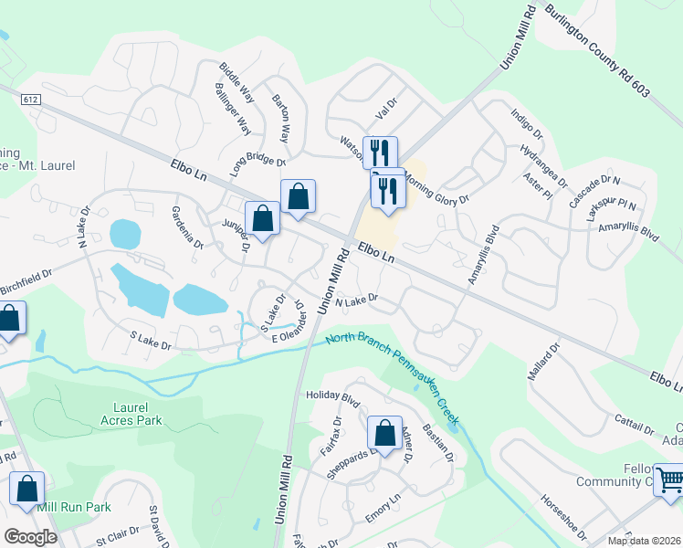 map of restaurants, bars, coffee shops, grocery stores, and more near 908 Union Mill Road in Mount Laurel Township