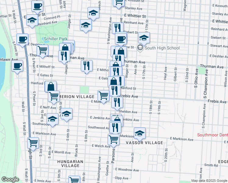 map of restaurants, bars, coffee shops, grocery stores, and more near 429 Hanford Street in Columbus