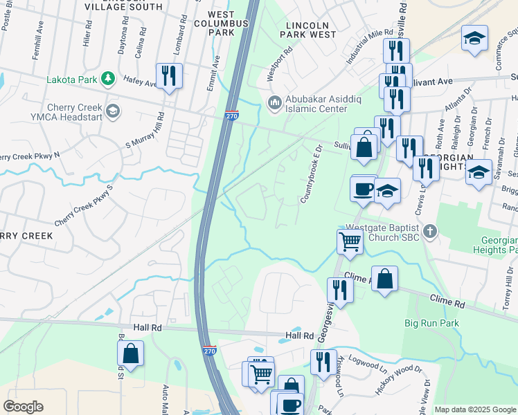 map of restaurants, bars, coffee shops, grocery stores, and more near 777 Avonia Drive in Columbus