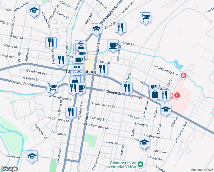map of restaurants, bars, coffee shops, grocery stores, and more near 330 Lincoln Way East in Chambersburg