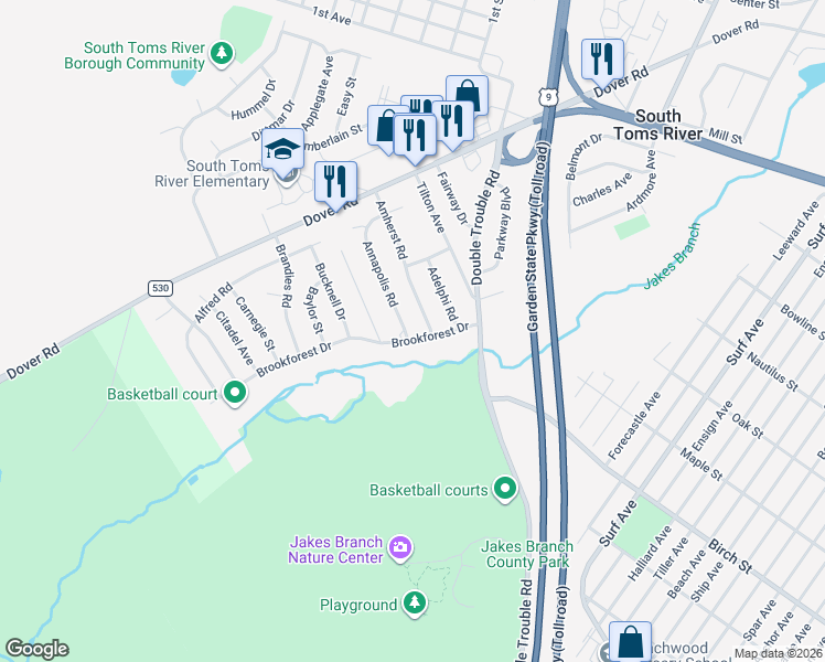 map of restaurants, bars, coffee shops, grocery stores, and more near 40 Annapolis Road in Toms River