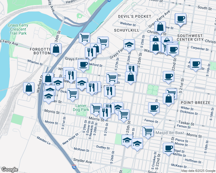 map of restaurants, bars, coffee shops, grocery stores, and more near 2723 Reed Street in Philadelphia