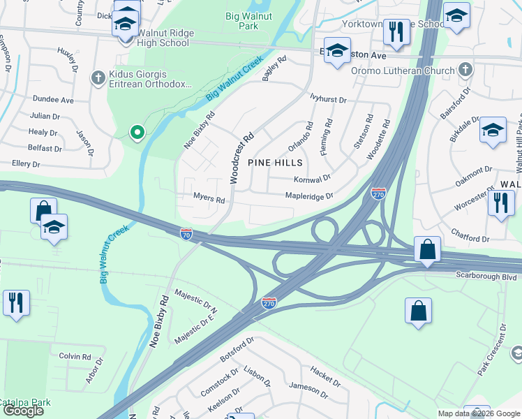 map of restaurants, bars, coffee shops, grocery stores, and more near 5119 Cedar Drive in Columbus