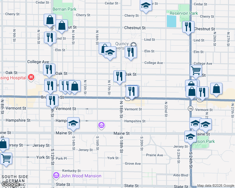 map of restaurants, bars, coffee shops, grocery stores, and more near 1723 Broadway St in Quincy