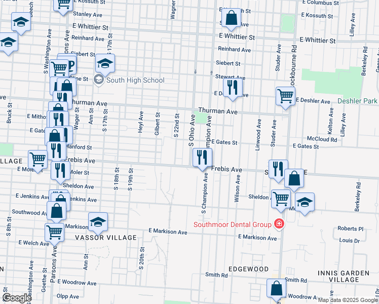 map of restaurants, bars, coffee shops, grocery stores, and more near 1405 South Ohio Avenue in Columbus