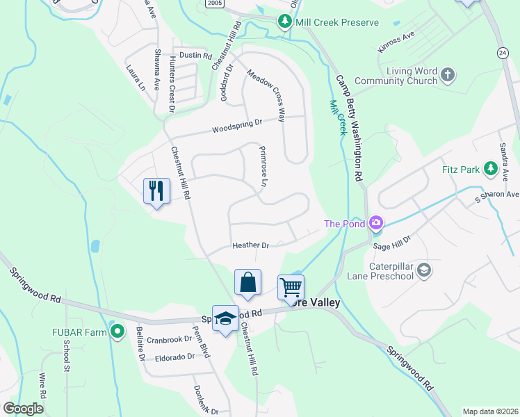 map of restaurants, bars, coffee shops, grocery stores, and more near 2728 Chestnut Run Road in York