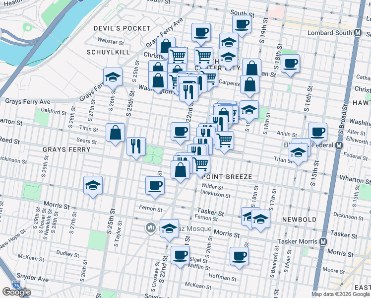 map of restaurants, bars, coffee shops, grocery stores, and more near in Philadelphia