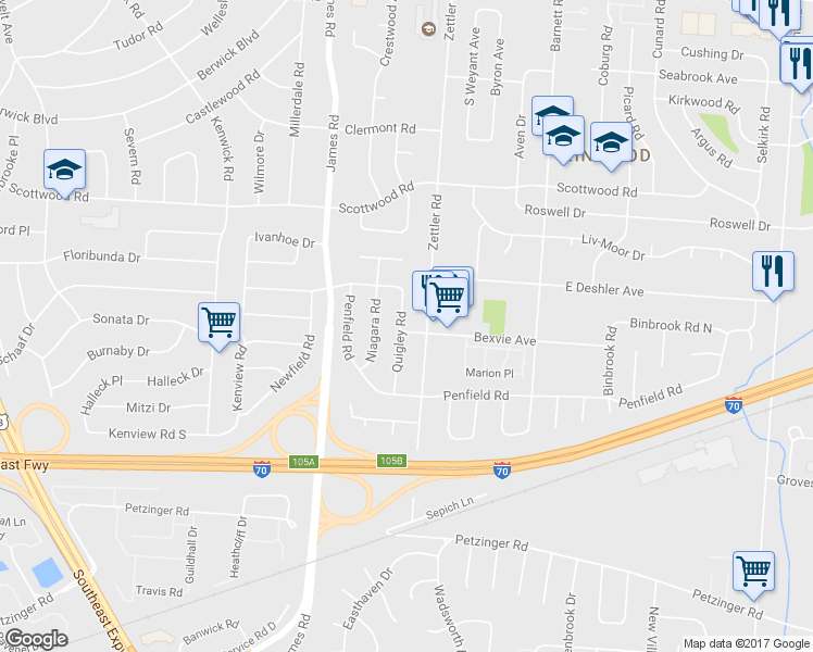 map of restaurants, bars, coffee shops, grocery stores, and more near 3074 Bexvie Avenue in Columbus