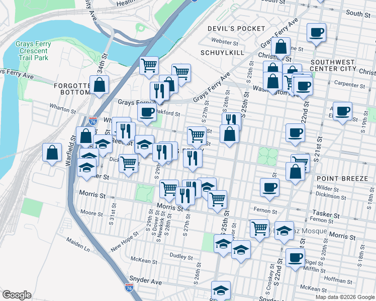 map of restaurants, bars, coffee shops, grocery stores, and more near in Philadelphia