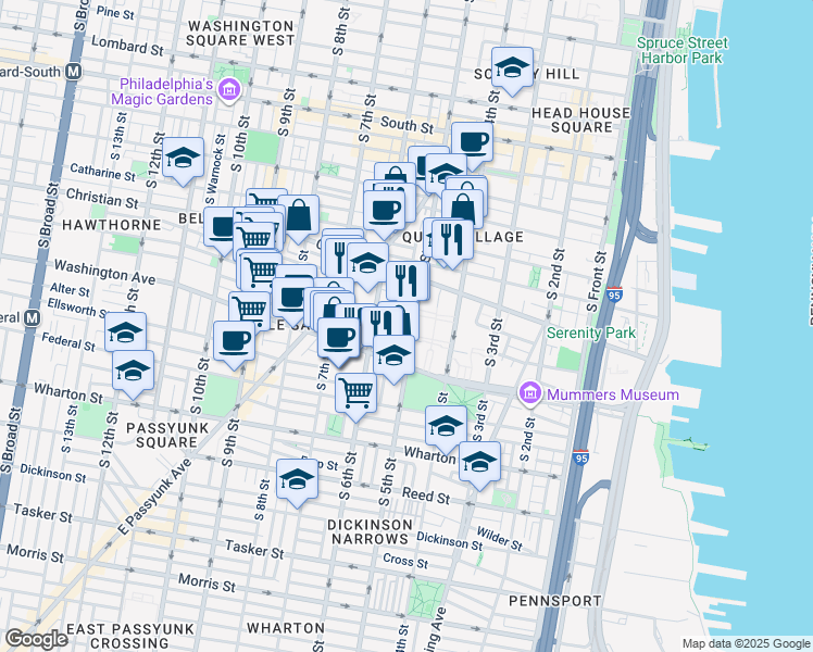 map of restaurants, bars, coffee shops, grocery stores, and more near 504 Carpenter Street in Philadelphia