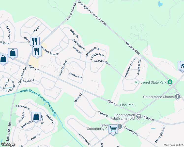 map of restaurants, bars, coffee shops, grocery stores, and more near 933 Larkspur Place South in Mount Laurel