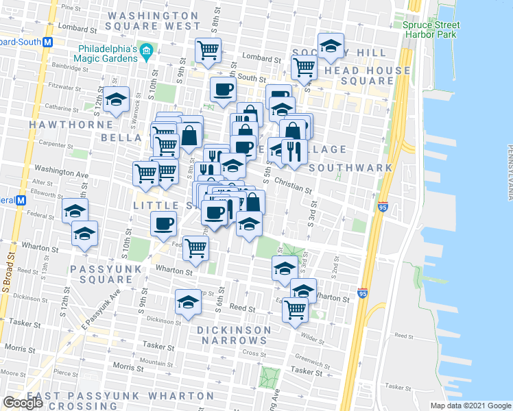 map of restaurants, bars, coffee shops, grocery stores, and more near 504 Carpenter Street in Philadelphia