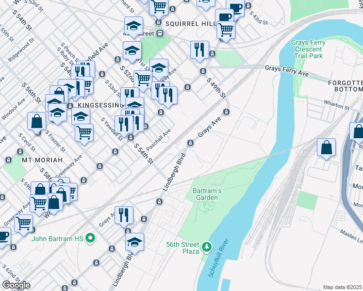 map of restaurants, bars, coffee shops, grocery stores, and more near 5213 Grays Avenue in Philadelphia