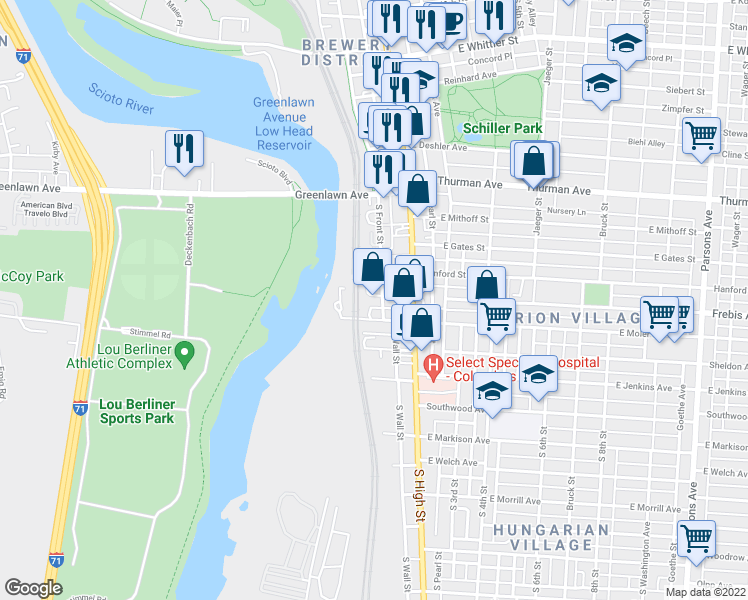 map of restaurants, bars, coffee shops, grocery stores, and more near 1275 South Front Street in Columbus