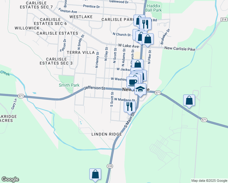 map of restaurants, bars, coffee shops, grocery stores, and more near 312 Jefferson Street in New Carlisle