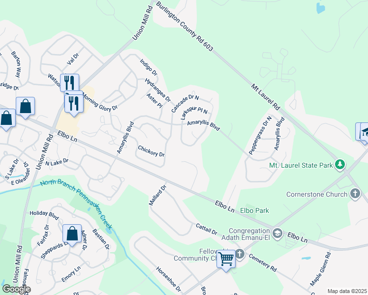 map of restaurants, bars, coffee shops, grocery stores, and more near 933 Larkspur Place North in Mount Laurel Township