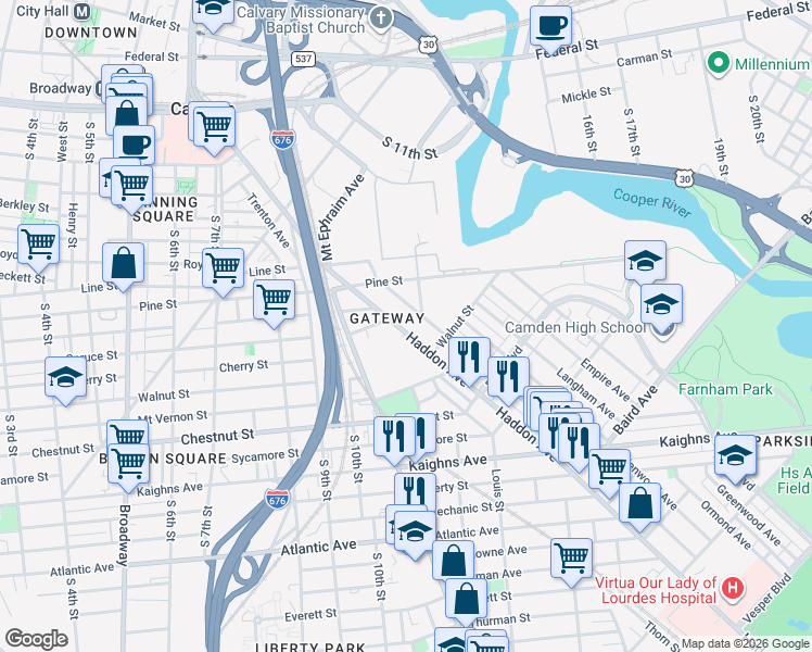 map of restaurants, bars, coffee shops, grocery stores, and more near 880 Haddon Avenue in Camden