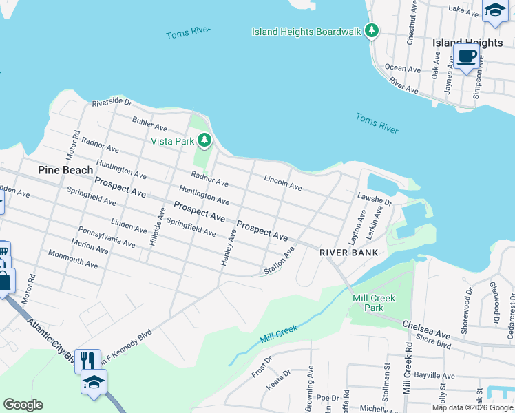 map of restaurants, bars, coffee shops, grocery stores, and more near 822 Huntington Avenue in Pine Beach