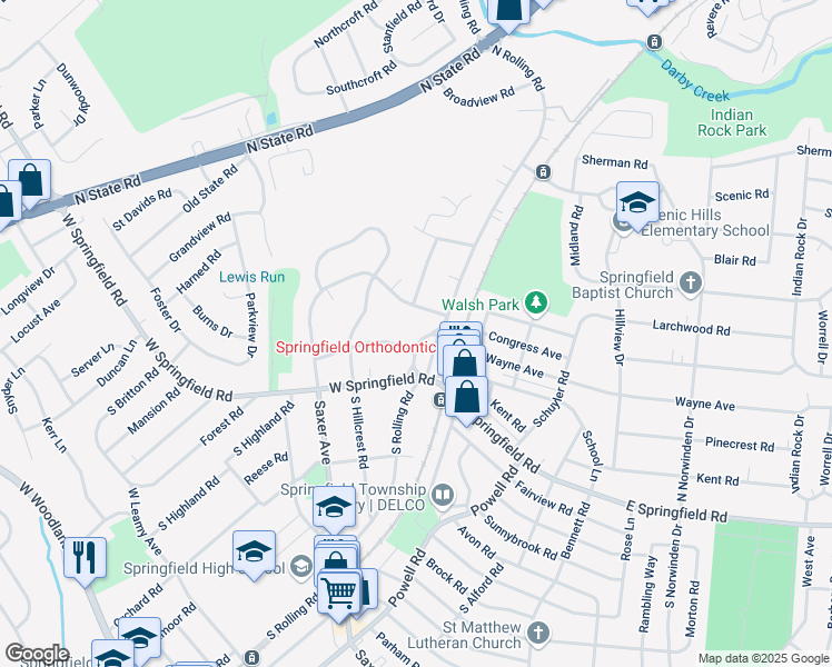 map of restaurants, bars, coffee shops, grocery stores, and more near 20 North Rolling Road in Springfield