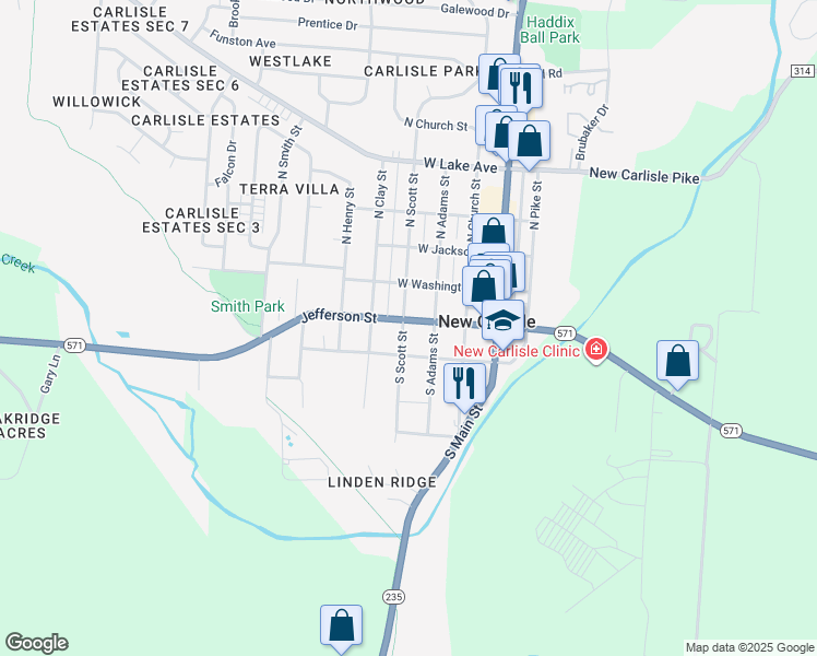 map of restaurants, bars, coffee shops, grocery stores, and more near 312 Jefferson Street in New Carlisle
