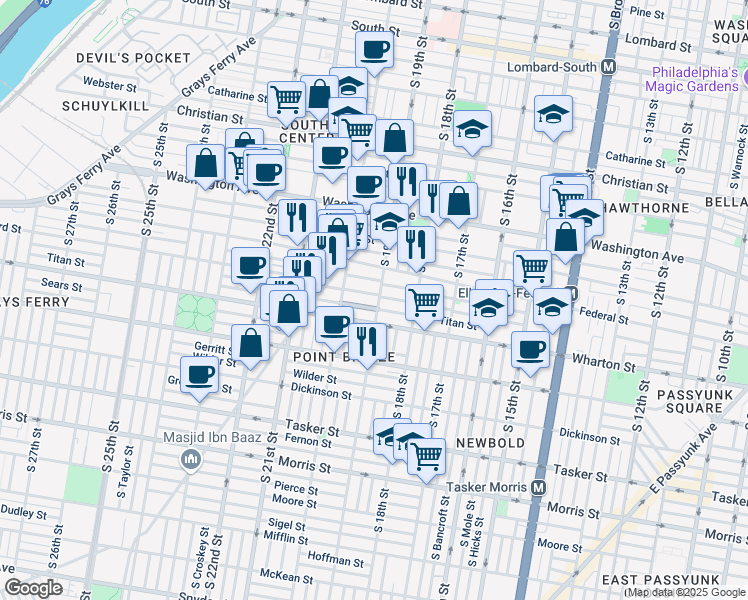 map of restaurants, bars, coffee shops, grocery stores, and more near 1234 South 19th Street in Philadelphia