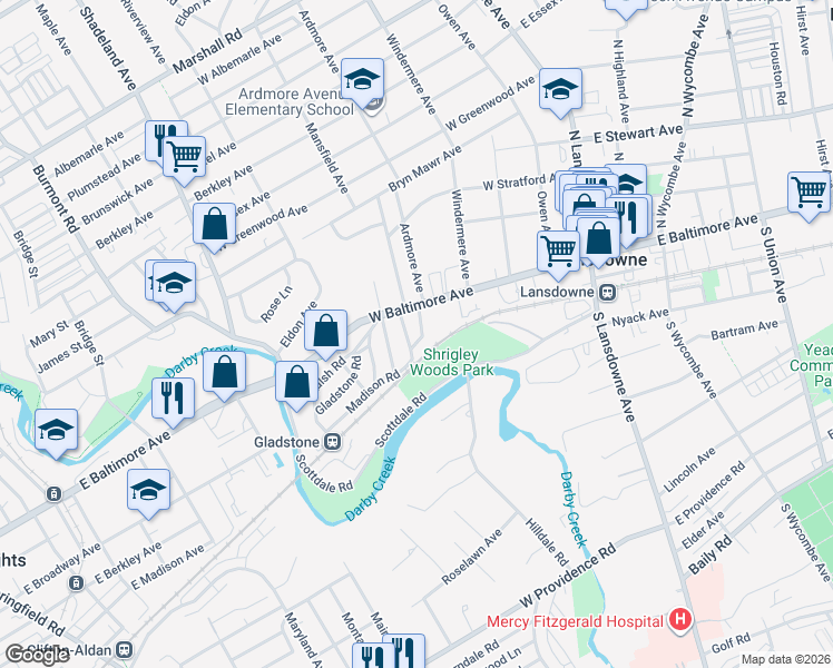 map of restaurants, bars, coffee shops, grocery stores, and more near 8 East Windermere Terrace in Lansdowne