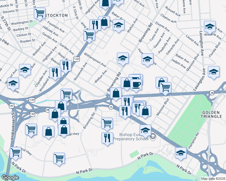 map of restaurants, bars, coffee shops, grocery stores, and more near 6600 Browning Road in Pennsauken Township
