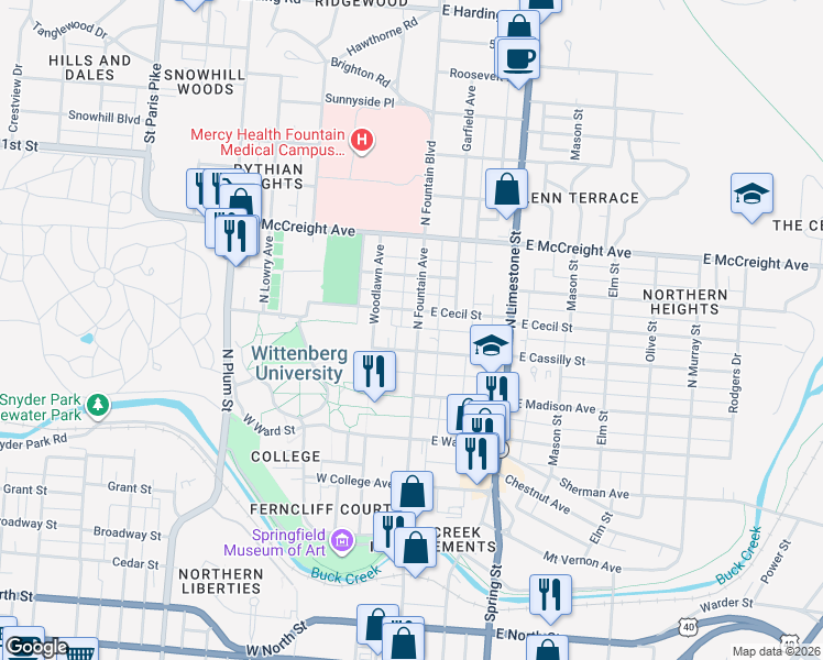 map of restaurants, bars, coffee shops, grocery stores, and more near 917 North Fountain Avenue in Springfield