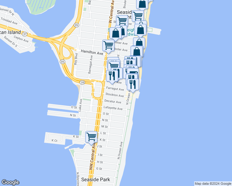 map of restaurants, bars, coffee shops, grocery stores, and more near 1808 Ocean Boulevard in Seaside Park