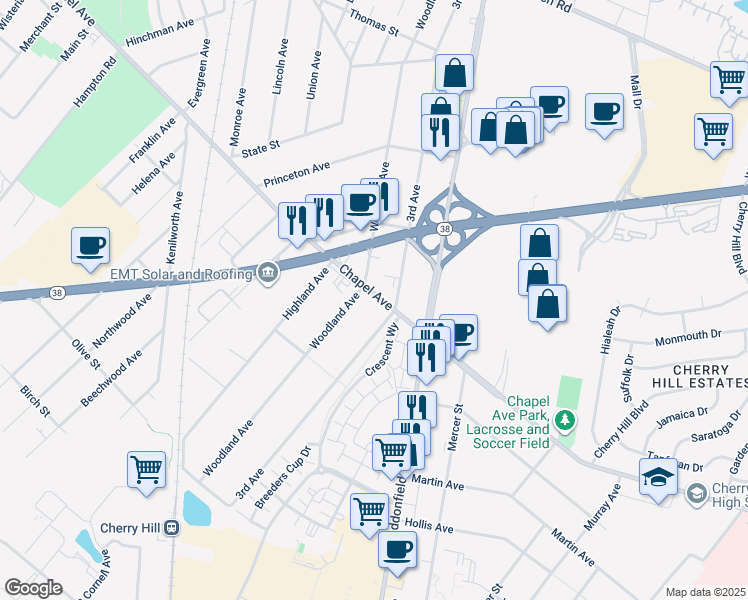 map of restaurants, bars, coffee shops, grocery stores, and more near 1605 Chapel Avenue in Cherry Hill