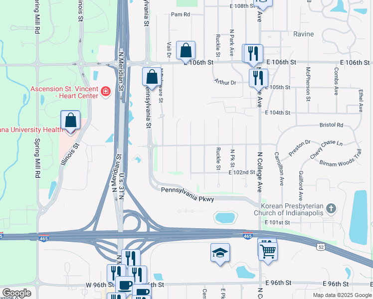 map of restaurants, bars, coffee shops, grocery stores, and more near 10244 North New Jersey Street in Indianapolis