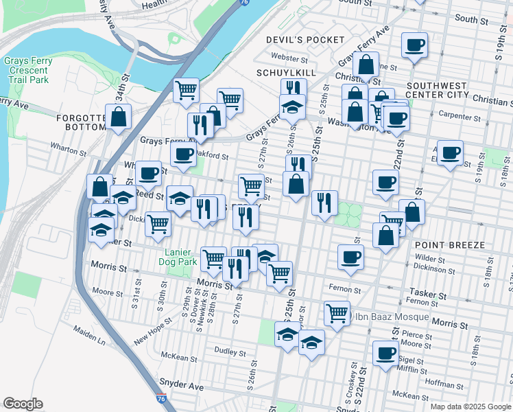 map of restaurants, bars, coffee shops, grocery stores, and more near 2654 Earp Street in Philadelphia