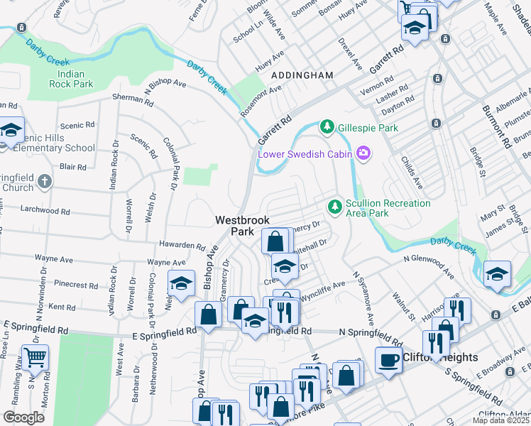 map of restaurants, bars, coffee shops, grocery stores, and more near in Westbrook Park