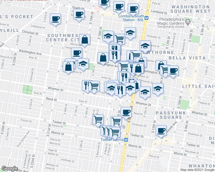 map of restaurants, bars, coffee shops, grocery stores, and more near 1617 Manton Street in Philadelphia