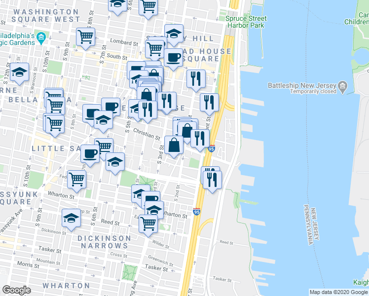 map of restaurants, bars, coffee shops, grocery stores, and more near Christian St & S 2nd St in Philadelphia