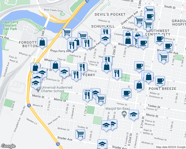 map of restaurants, bars, coffee shops, grocery stores, and more near 2650 Earp Street in Philadelphia