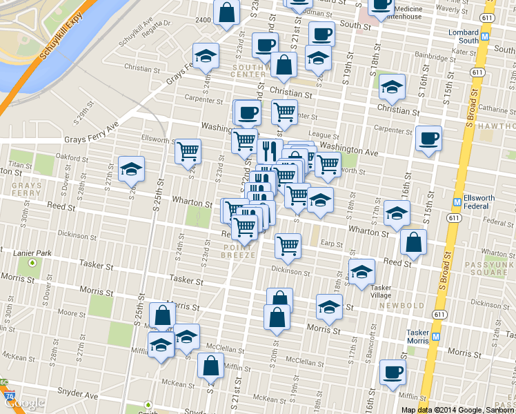 map of restaurants, bars, coffee shops, grocery stores, and more near 2116 Titan Street in Philadelphia
