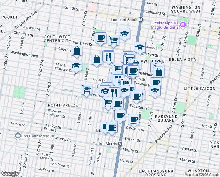 map of restaurants, bars, coffee shops, grocery stores, and more near 1510 Federal Street in Philadelphia