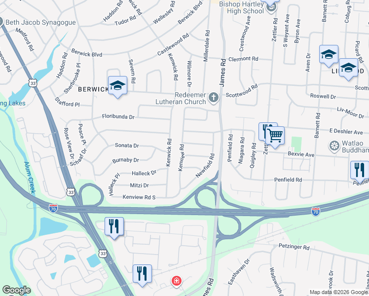map of restaurants, bars, coffee shops, grocery stores, and more near 1686 Kenview Road in Columbus