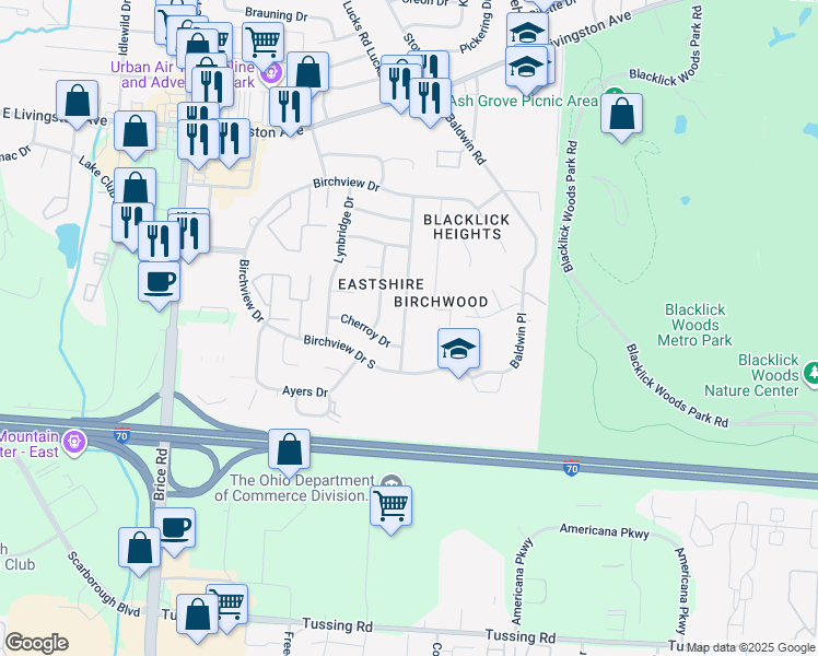 map of restaurants, bars, coffee shops, grocery stores, and more near 2212 Belltree Drive in Reynoldsburg